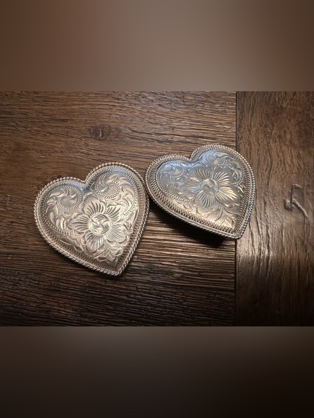 Pair Sterling Vogt Western Silver Heart Conchos